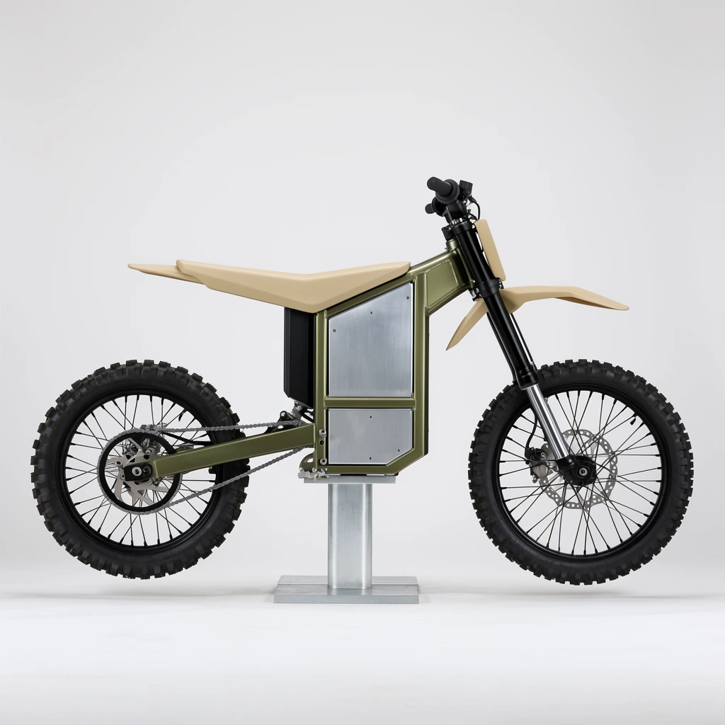 side profile of a minimalist electric dirt bike against a seamless white studio backdrop, geometric utilitarian design, flat olive green metallic frame, rigid light tan molded seat and matching front fender, large rectangular brushed aluminum battery box, thick black knobby off-road tires, black wire-spoke rims, silver disc brakes, exposed drive chain, black telescopic front forks, resting on a silver display block, even studio lighting, precise product photography