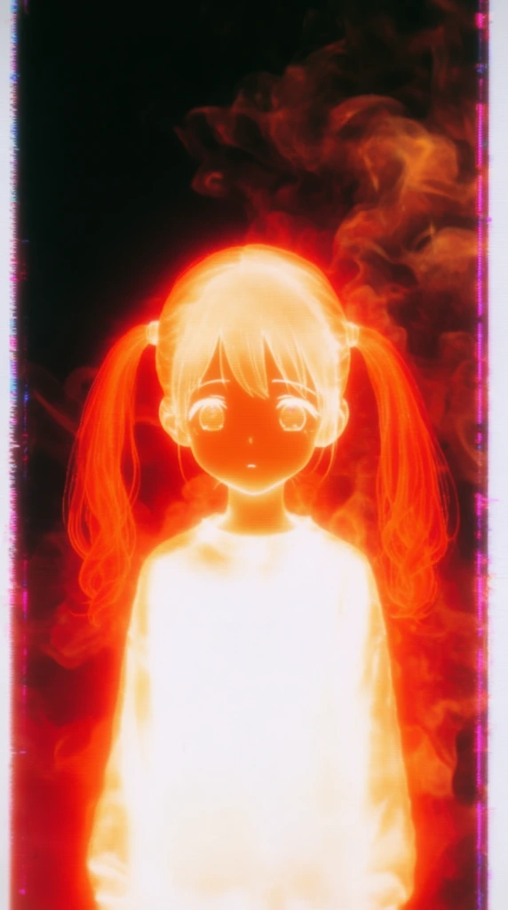 A girl with pigtails standing in front of smoke, rendered as a high-contrast thermal infrared image. The girl appears as a prominent glowing heat signature with a blinding white-hot core that transitions into extreme neon orange and deep red along the edges of her pigtails. Billowing smoke behind her forms swirling dark red and orange thermal streaks against a pitch-black background. The image features heavy luminous bloom, horizontal CRT scanlines, and vertical magenta glitch artifacts. Stark white borders frame the left and right edges, mimicking an uncropped analog film scan.