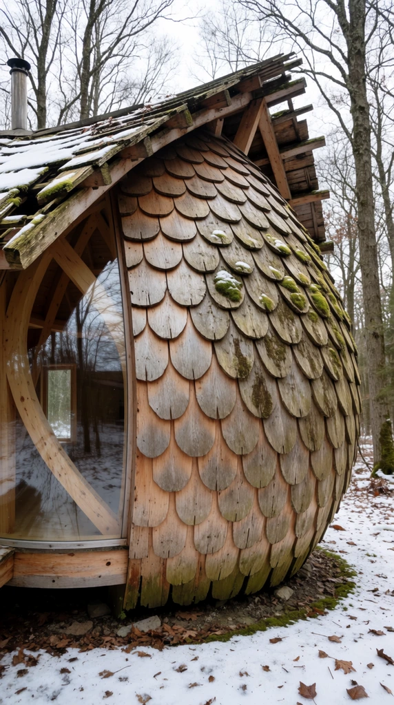 bulbous asymmetrical wooden cabin clad in large overlapping weathered wooden shingles resembling pinecone scales, patches of moss, curved glass window revealing interior timber framing, dilapidated roof with exposed beams, snowy forest floor with scattered brown leaves, tall bare winter trees, overcast lighting, rustic outsider architecture
