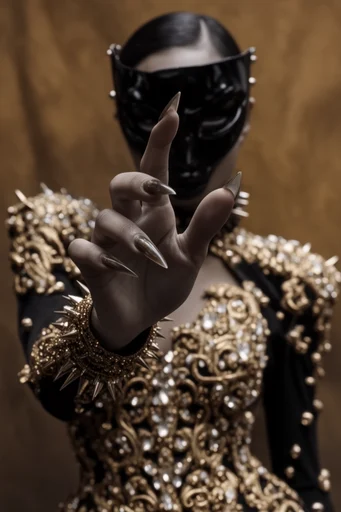 Baroque Cybernetic Opulence style reference image — porcelain skin texture