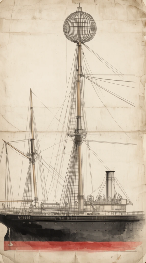 vintage technical drawing of a ship side elevation, ink and watercolor wash on aged creased paper, black hull with red waterline, mainmast topped with a spherical cage structure, aft mast, complex rigging lines, deck structures, smokestack, precise architectural line work, orthographic projection