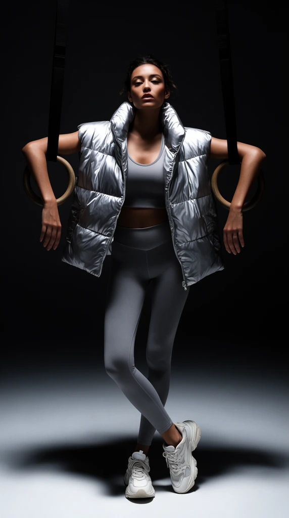 A woman in a voluminous silver puffer vest and gray athletic set stands with her arms draped through hanging gymnastic rings. Her legs are crossed in chunky white sneakers. Dramatic overhead lighting illuminates her against a deep black studio background, casting strong shadows on the seamless gray floor in a high-contrast fashion editorial style.