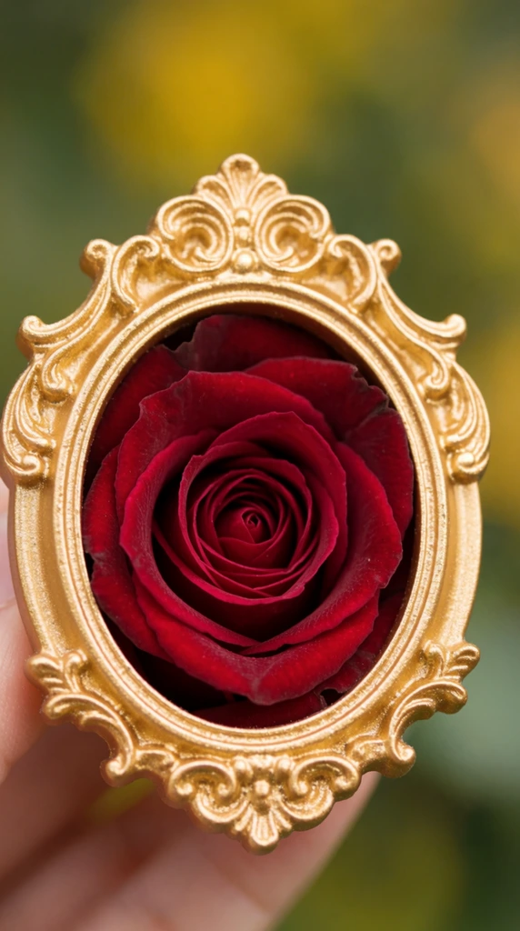 deep red rose centered inside a small ornate gold baroque frame, velvet spiraled petals, subtle fingertips holding the edge, macro photography, shallow depth of field, blurred green and yellow foliage bokeh