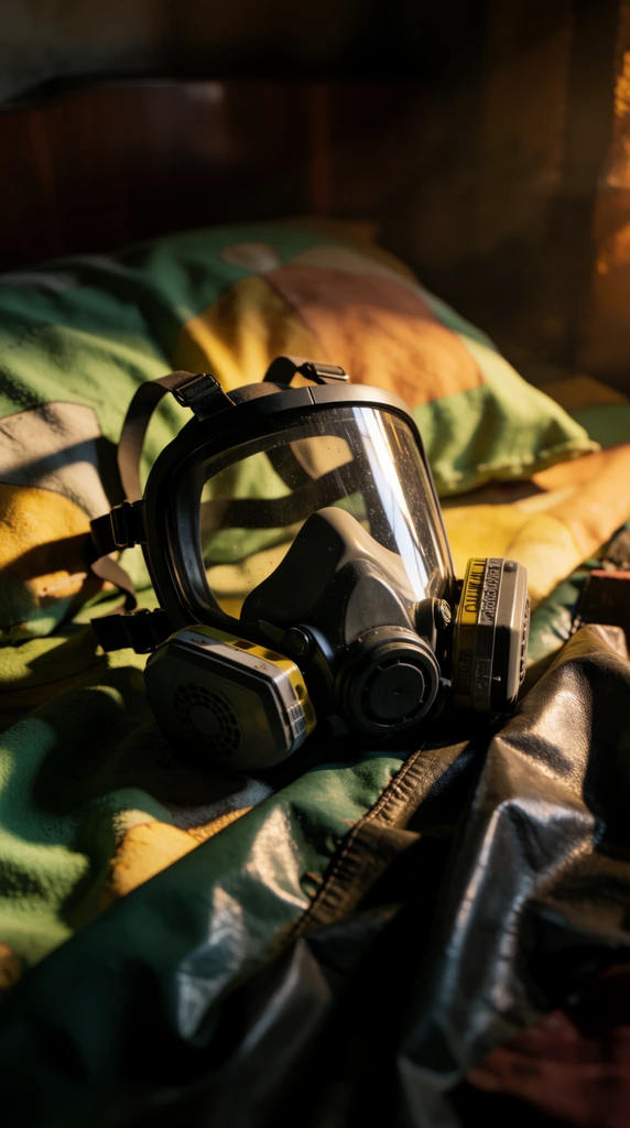 black full-face respirator mask resting on a messy pile of fabrics, large clear visor reflecting light, dual circular side filters, green and yellow patterned bedding, draped heavy dark vinyl material, cinematic directional lighting, deep shadows, warm golden illumination, close-up high angle shot, gritty atmosphere, photorealistic