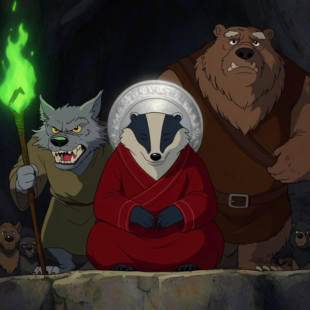 Three anthropomorphic elderly beasts stand on a stone ledge in a dark cavern. A fierce grey wolf in a tunic holds a staff beside green fire. Centered, a serene badger in crimson robes sits peacefully against a silver halo. A bulky brown bear in leather armor stands right. Smaller animal faces peer from the shadows. 2D animation style with flat shading.