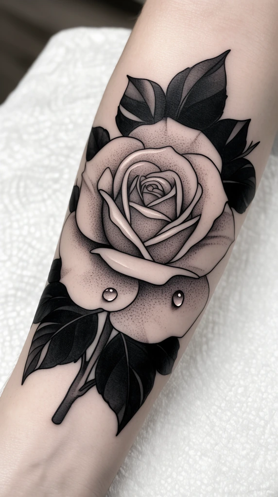 A black and grey illustrative rose tattoo on a forearm. The stipple-shaded bloom features smooth petals and two water droplets, framed by dark, saturated leaves. The arm rests on a textured white surface under bright lighting.