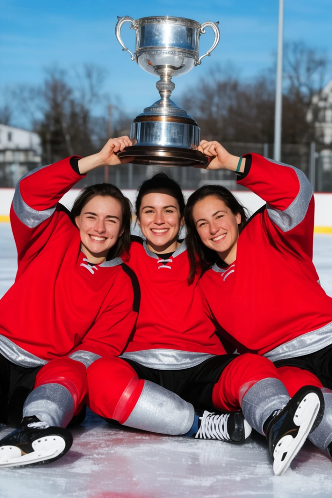 three smiling female hockey players sitting close together, wearing red and silver uniforms, lifting a large silver cup, bright outdoor ice rink, celebratory team portrait