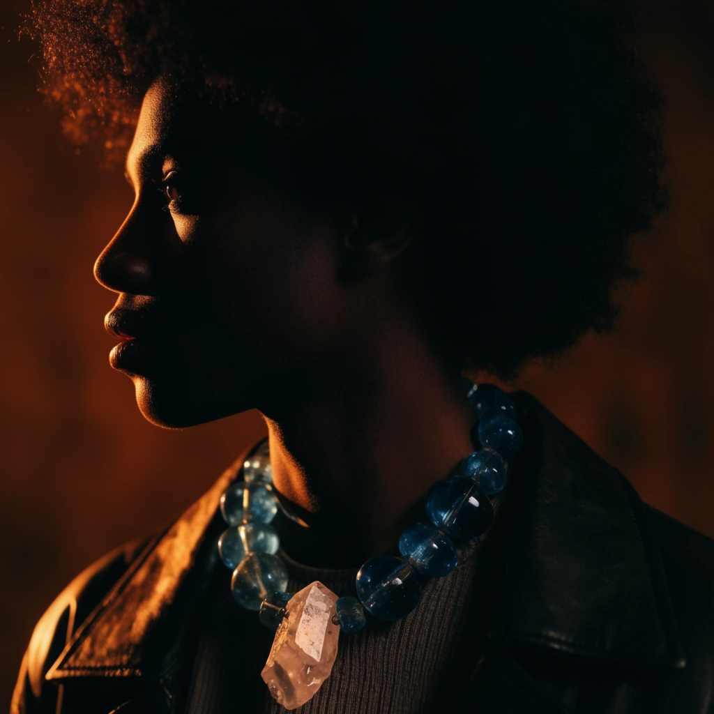 cinematic profile portrait of a young Black person with an afro, deep shadow and dramatic chiaroscuro lighting, warm rim light outlining the facial silhouette, dark leather jacket over a ribbed shirt, chunky necklace with oversized translucent blue glass beads and a large raw crystal pendant, looking left, warm amber tones, moody editorial photography, dark background