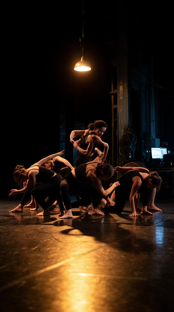 A group of contemporary barefoot dancers performs a dynamic routine on a dark theater stage illuminated by a warm, golden spotlight from a single overhead pendant lamp. The performers wear black athletic attire, clustered together contorting their bodies into fluid, grounded poses, crouching low, arching their backs, and extending their arms. One central dancer stands taller in a complex intertwined stance. The polished wooden stage floor intensely reflects the dramatic light, creating stark chiaroscuro against the deep black shadows of the theater wings. The background faintly reveals backstage structural columns, coiled cables, and a glowing monitor screen bathed in cool ambient light, emphasizing the intense, low-key atmosphere of the live performance.