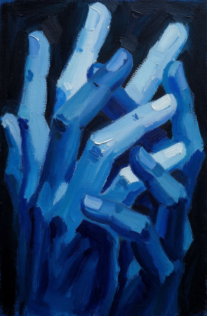 A vertical expressionistic oil painting features multiple overlapping hands and elongated fingers rendered in varying shades of blue against a solid black background. The hands appear to emerge from the darkness at the bottom and reach upward, with thick, visible brushstrokes creating a sense of movement and texture. The color palette is dominated by deep navy, vibrant cobalt, and pale sky blue, with the lightest shades concentrated on the tops of the fingers to suggest a cool-toned light source coming from above. Several finger-like forms point toward the top edge, while others are slightly curled or intertwined in a complex, abstract arrangement. The texture of the canvas is visible beneath the heavy layers of paint, particularly in the mid-toned blue areas. The composition is tightly framed, focusing entirely on the interplay between the blue forms and the surrounding black void, creating a high-contrast chiaroscuro effect. The overall artistic style is painterly and gestural, prioritizing form and color over precise anatomical detail.