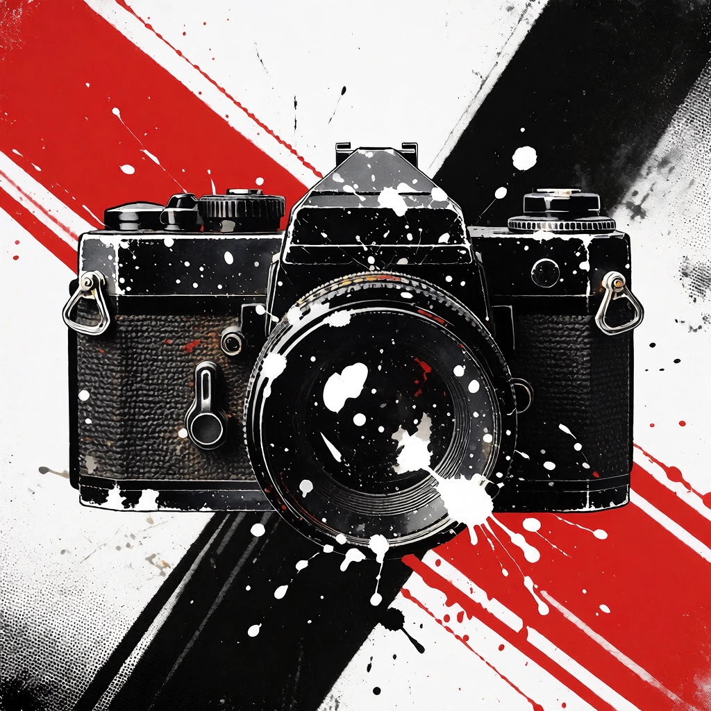 A distressed black vintage SLR film camera sits in a high-contrast mixed media composition. The textured camera body and prominent lens are covered in chaotic white ink splatters. The stark white background is intersected by aggressive, thick diagonal stripes of solid black and vivid red, with gritty halftone patterns fading into the corners. The graphic artwork utilizes a strict tricolor palette to create a raw, punk-inspired grunge aesthetic.