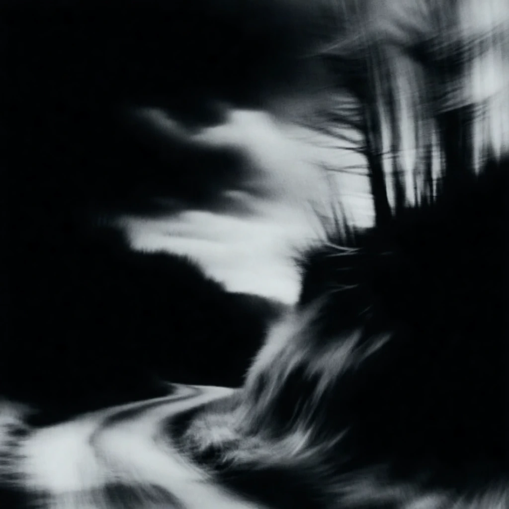 ultra-high contrast monochrome landscape, ethereal dreamlike aesthetic, heavy motion blur, soft focus, steep bank with dense vegetation dominating the right foreground, topped with a cluster of spindly bare trees, winding path curving sharply to the left, overcast cloudy sky with dramatic tonal gradients, moody atmospheric lighting, grainy film texture, low-key noir cinematic style, hauntingly beautiful, distorted perspective, ghostly blurred edges.