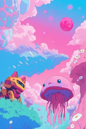 Surreal Pastel Dreamscape style reference image — clean line art