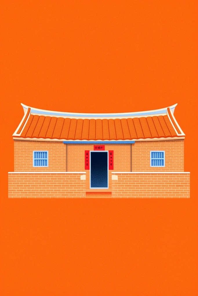 A minimalist 2D flat illustration of a symmetrical traditional brick house centered against a solid vibrant orange background. The one-story building features textured orange brick walls, an orange clay tile roof with curved ridges, and a low brick front wall. The facade includes light blue barred windows and a central doorway accented with red paper decorations. The orthographic composition uses subtle stippled grain to add texture to the precise geometric shapes.