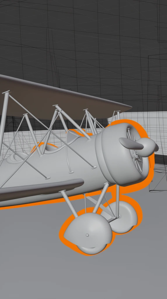 untextured 3D model of a biplane, smooth gray clay render, braced wings, wheel spats, bright orange outline around fuselage, dark wireframe grid background, soft ambient lighting