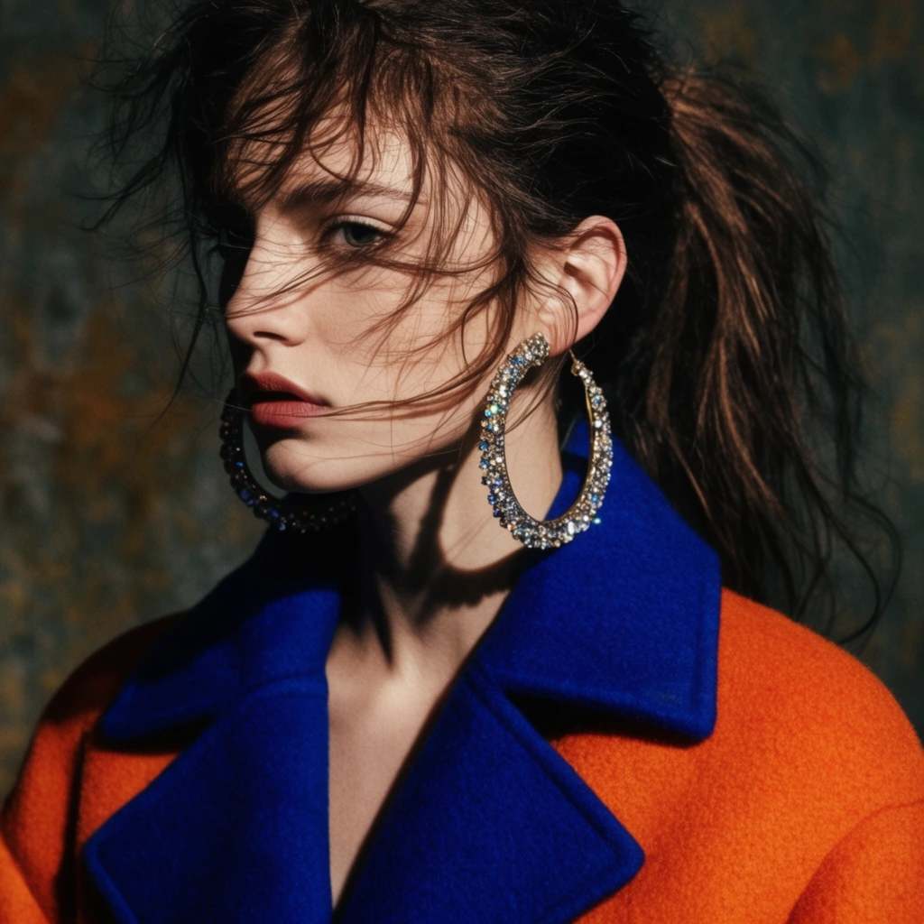 Fashion portrait, woman in bold blue and orange wool coat, giant sparkling hoop earrings, messy ponytail, hair across face, dramatic lighting, deep shadows, mottled background
