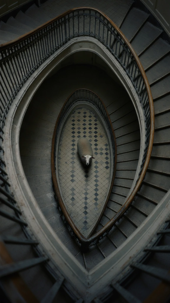 top-down extreme high angle perspective, framing a centered elliptical eye shape through a grand spiral staircase, a lone sheep standing at the bottom center with its head tilted upward looking at the camera, moody cinematic lighting, desaturated color palette of charcoal greys and antique cream, vintage diamond pattern tiled floor, weathered wooden banisters with ornate iron railings, minimalist noir aesthetic, high contrast, architectural symmetry, moody atmosphere, sharp focus.