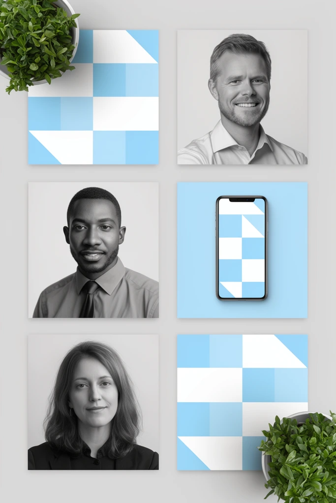 grid of six square layouts, light blue and white geometric blocks, monochrome professional portraits, smartphone displaying matching graphic, two potted plants, top-down flat lay, light gray background