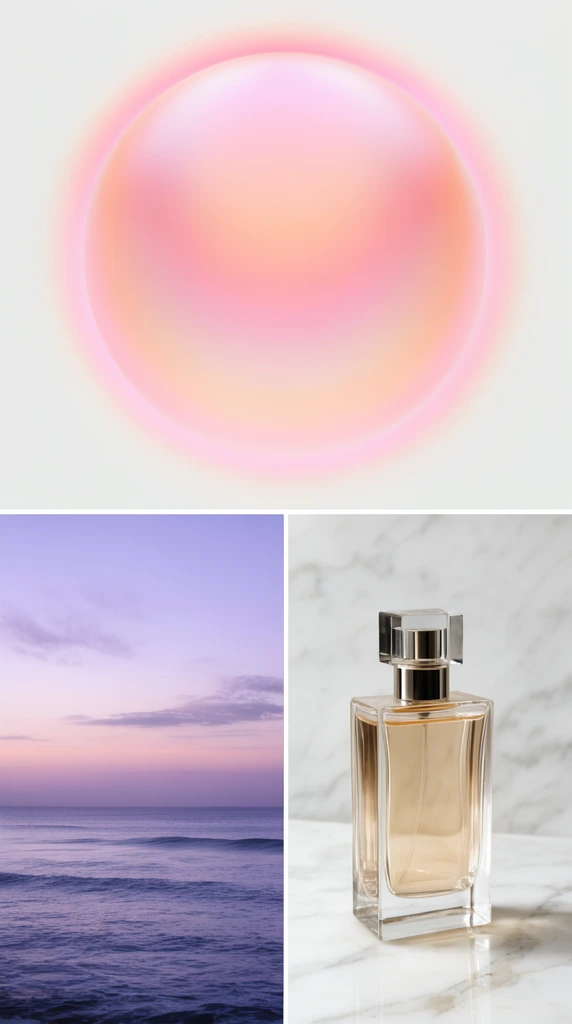 aesthetic triptych mood board, top section featuring a soft glowing spherical gradient aura in pastel pink and peach, bottom left displaying a tranquil dusk ocean seascape under a lavender sky, bottom right showing a sleek rectangular glass perfume bottle filled with pale amber liquid on white marble