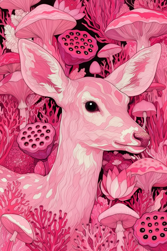 surreal pale pink deer with large ears and a prominent dark eye, intricate flowing contour lines texturing its fur, dense thicket of fantastical flora, oversized mushrooms, lotus seed pods, coral-like botanicals, monochromatic pink and magenta color palette, off-white accents, deep black shadow voids, maximalist composition, highly detailed line art, psychedelic nature motif, stylized organic textures