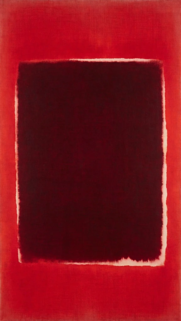 A vertical abstract color field painting features a large, dark burgundy rectangle centered on a vibrant red background. The central rectangle is enclosed by a thin, irregular cream-colored border with jagged, feathered edges that create a soft, luminous halo effect. Within the central shape, the burgundy color is not perfectly uniform, exhibiting subtle variations in tone that appear deeper and more saturated toward the bottom half. The surrounding red field is bright and intense, particularly at the very top and bottom edges of the canvas. A consistent, fine woven texture is visible across the entire surface, suggesting a canvas or fabric substrate where the paint or dye has been applied in thin, translucent layers. The composition is minimalist and symmetrical, focusing on the relationship between the two primary color blocks and the glowing line that separates them. The artistic style emphasizes flat areas of color and soft, blurred boundaries rather than sharp lines or representational forms, captured from a direct, frontal perspective.
