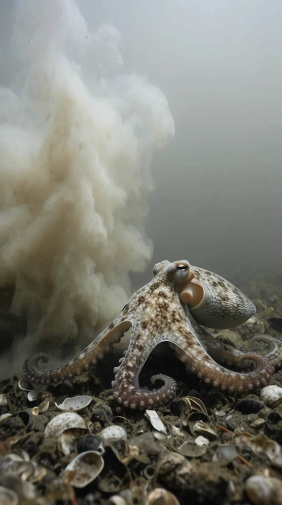 An octopus sits on a murky seabed densely packed with broken shells and debris. Beside it, a massive cloud of pale silt billows dramatically upward into the hazy grayish water. The mottled octopus extends its tentacles across the rocky floor. The underwater photography utilizes a muted natural palette and diffused lighting to highlight the sudden aquatic disturbance.