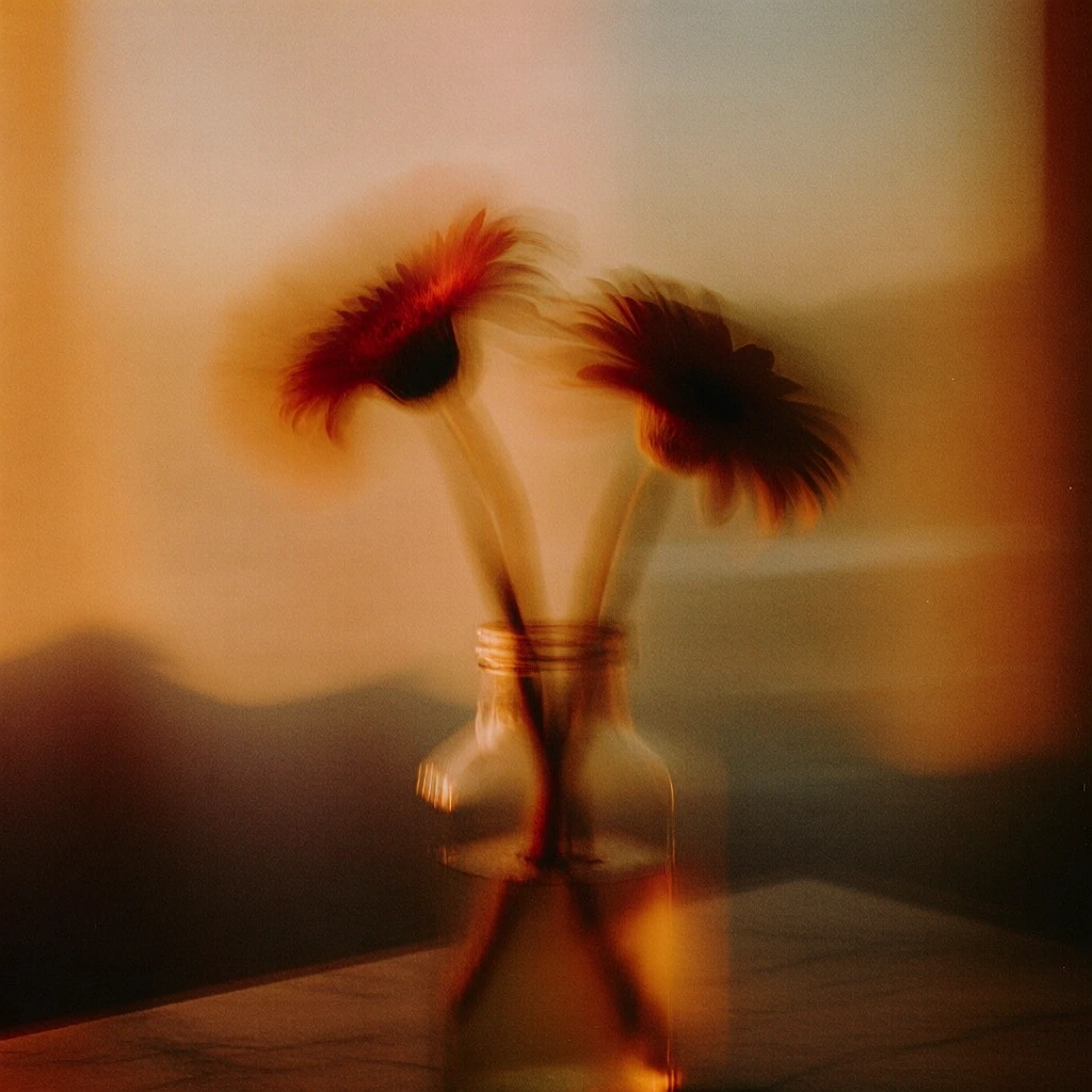 ethereal motion blur photography of gerbera daisies in a glass bottle with shards on a marble surface, cinematic golden hour lighting, rich amber and burnt orange tones, grainy analog film texture, soft-focus painterly aesthetic, impressionistic long exposure, organic noise, minimalist composition, backlit glowing petals and refracted glass, deep shadows with desaturated golds, nostalgic atmosphere, 35mm film stock feel, textural depth