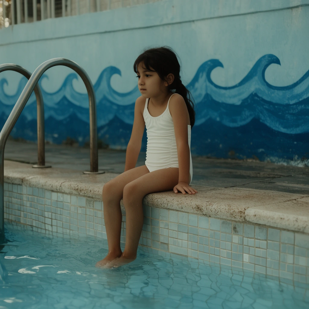 A young girl in a white swimsuit sits on the edge of a tiled swimming pool, her toes lightly touching the clear water. A curved metal ladder stands to her left. Behind her, a light blue wall features painted dark blue wave patterns. The scene is captured with a cinematic, muted vintage color palette emphasizing soft natural lighting and cool blue tones.
