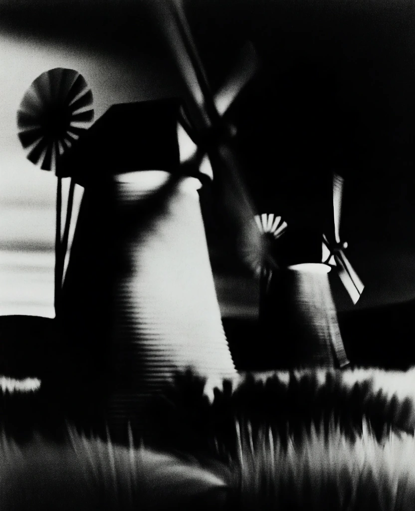 cinematic high-contrast black and white photography, deep chiaroscuro lighting with stark shadows, heavy film grain, vintage silver gelatin print aesthetic, two windmills in a field of tall grass and bushes, larger windmill in left foreground with a smaller one behind to the right, rotating blades with subtle motion blur, clear stark sky, dramatic directional side-lighting carving silhouettes out of darkness, atmospheric, moody, minimalist composition, noir style, grainy texture