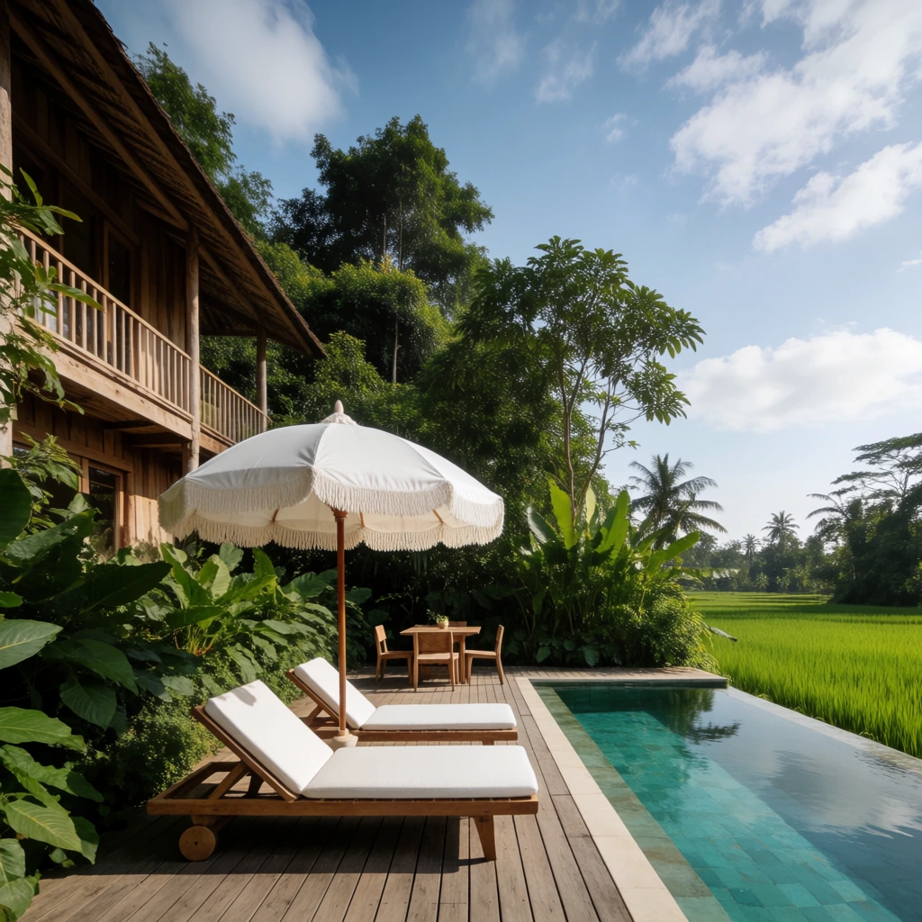 A luxurious tropical deck featuring a teal-tiled swimming pool bordering a vibrant green rice paddy. Two wooden lounge chairs with white cushions sit beneath a white fringed parasol in the foreground. To the left, a rustic two-story wooden building with a balcony is enveloped by dense broadleaf vegetation and tall trees. A small wooden dining set rests further back on the deck. Captured with wide-angle architectural photography under a bright blue sky with scattered clouds, emphasizing rich natural lighting, deep depth of field, and a serene atmosphere.