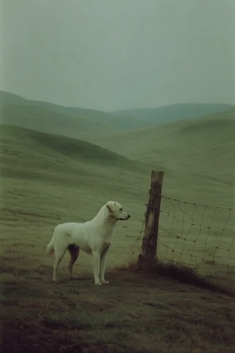 Muted Pastoral Surrealism style reference image — solitary figure in vast field