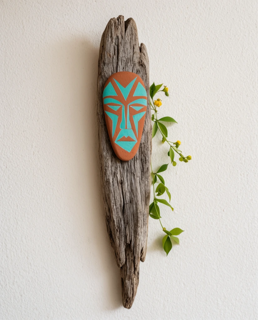 A vertical piece of weathered driftwood features a painted terracotta and turquoise geometric face near its top, set against a plain textured off-white background. The rough, grey-brown wood tapers downward, accented by a delicate vine with vibrant green leaves and small yellow buds clinging to its right edge. The stylized face has sharp, angular patterns that contrast with the organic wood grain. Soft, diffused lighting casts a gentle shadow on the textured surface, highlighting the minimalist composition and tactile materials.