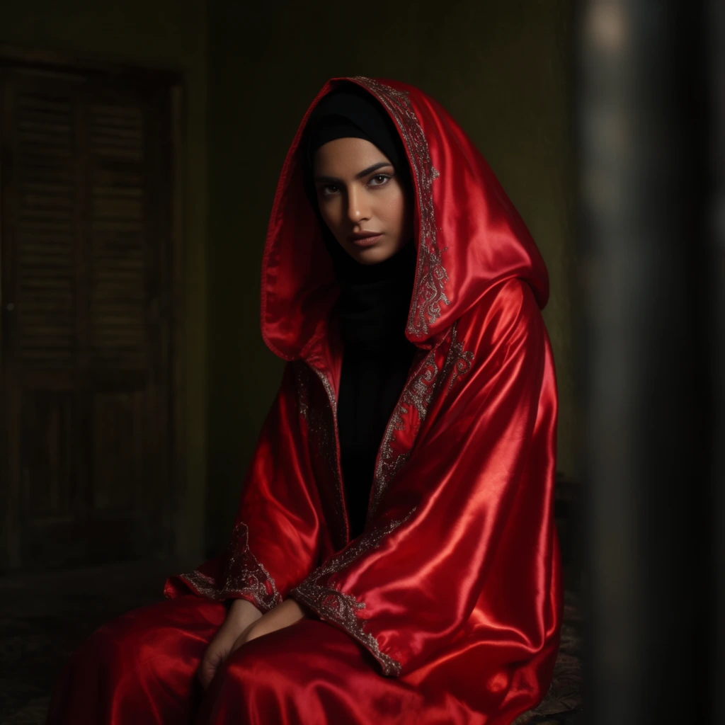 A woman in a luminous red silk hooded cloak over a black top and hijab sits in a shadowed, rustic room. Intricate metallic embroidery trims the draped, oversized hood and wide sleeves. She gazes directly forward with an intense expression. Soft directional light catches the shiny folds of the vibrant red fabric, illuminating her face against dark olive walls. A slatted wooden door stands faintly in the left background. The cinematic portrait uses dramatic low-key chiaroscuro lighting, with a heavily blurred dark vertical pillar occupying the right foreground to frame the subject.