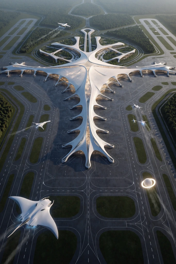 An aerial architectural rendering of a massive futuristic spaceport centered on a luminous white biomimetic terminal resembling a skeletal spine. Symmetrical branching concourses span a dark tarmac laced with intricate white runway grids. Sleek white aircraft, including a hovering manta ray-shaped ship and a glowing ringed sphere, navigate the airspace above. Dense green forests border the sprawling complex under soft, diffused atmospheric lighting.