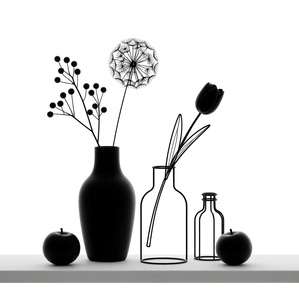 minimalist black and white still life on a white shelf, surreal juxtaposition of solid black silhouettes and thin wireframe sculptures, opaque curved vase holding delicate wire dandelion and berry stems, wire outline vase with a single tulip, small wire bottle, two solid black round fruits, high contrast, pure white background, blending 2D line art with 3D forms
