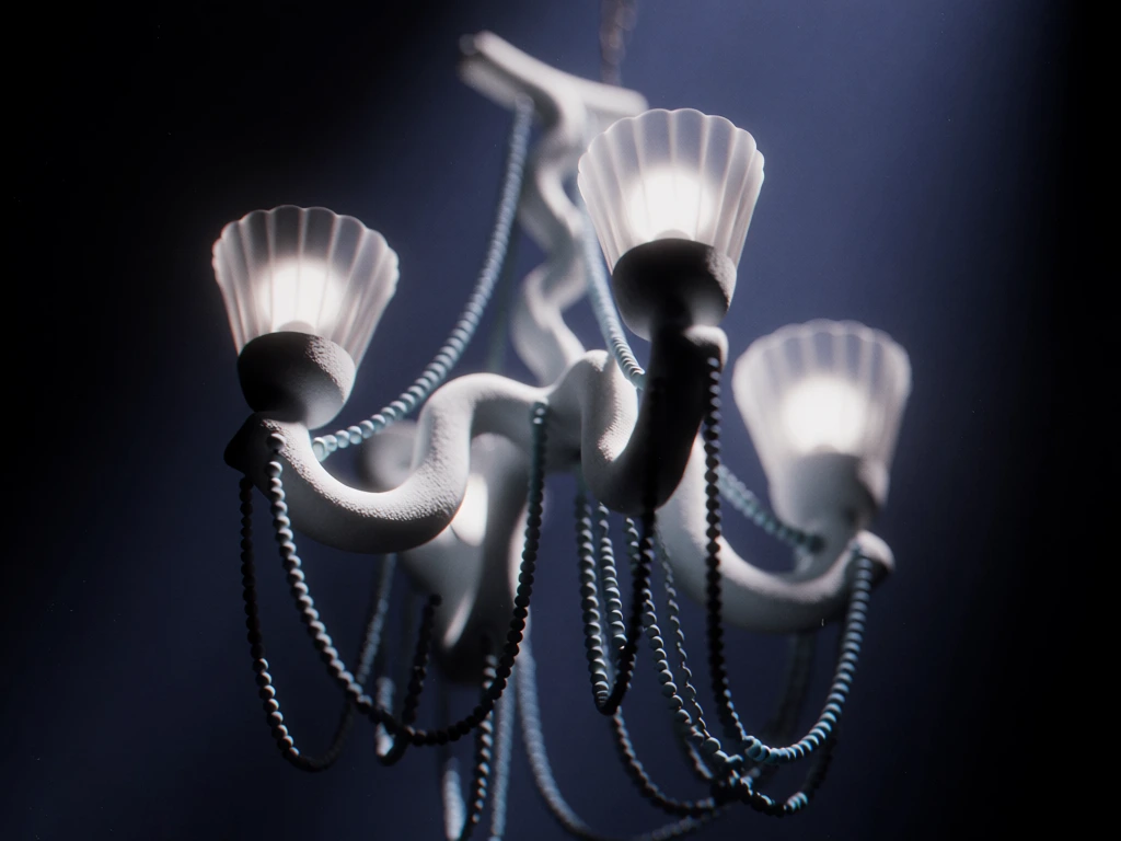 floating chandelier fragment with three bulbs encased in fluted shades, sinuous curved arms, and draped strings of beads, rendered in a monochromatic palette of slate blue and stark white, high-contrast top-down directional lighting with soft ethereal bloom, deep chiaroscuro shadows, micro-granular matte textures, shallow depth of field with blurred atmospheric ground, subtle chromatic aberration, cinematic grain, futuristic luxury brand aesthetic.