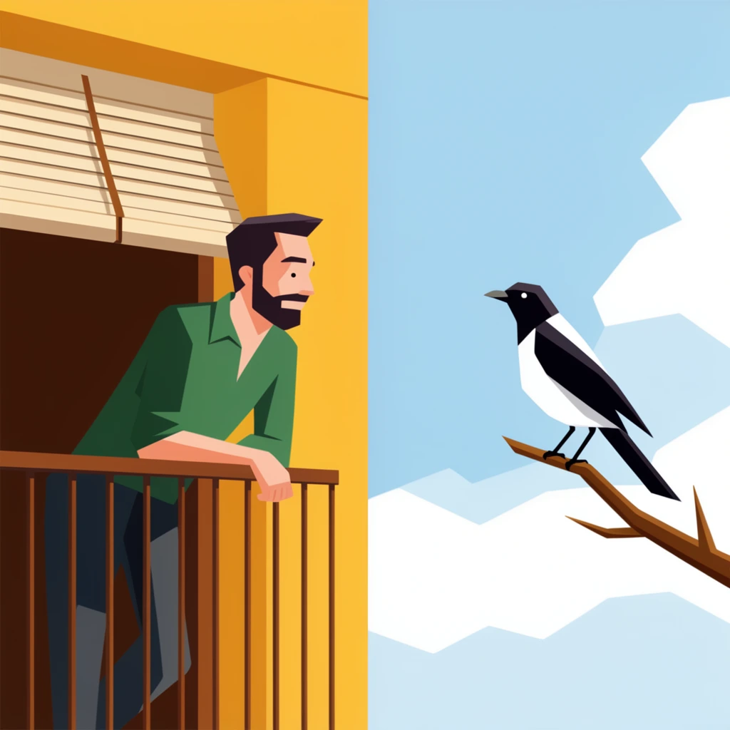 split composition, bearded man in green shirt leaning over brown balcony railing, yellow building facade, partially drawn window blinds, black and white bird perched on a brown branch looking at the man, light blue sky, geometric white clouds, flat vector illustration, minimalist style, hard shadows, warm and cool color contrast
