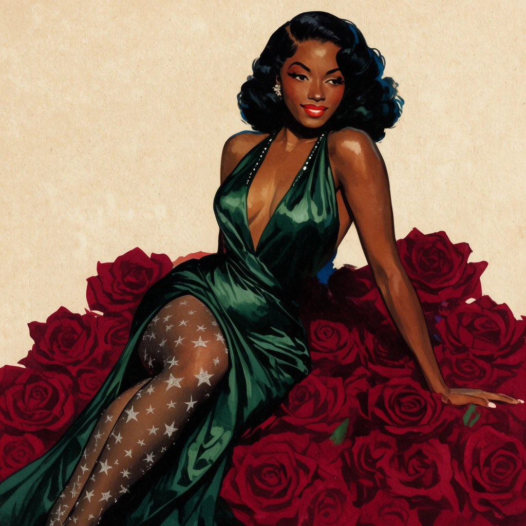 vintage pin-up illustration of a Black woman, dark green plunging satin gown, high slit, sheer star-patterned stockings, lounging on deep red roses, textured beige background