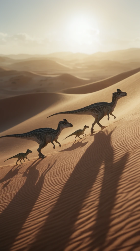 Four crested dinosaurs walking up a steep curved sand dune, two adults leading two small juveniles in a line, prominent elongated shadows cast down the rippled sand face, dramatic golden hour lighting, hazy bright glowing sky, warm cinematic sunlight, photorealistic wide shot desert landscape