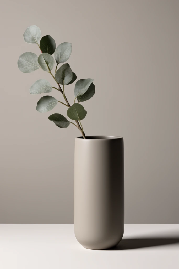 A minimalist still life of a single botanical branch inside a smooth, matte greige ceramic vase. The tall cylindrical vessel features a softly rounded base resting on a pristine flat surface. The branch leans left, displaying rounded grey-green leaves with delicate veins along a slender brownish stem. Soft directional studio lighting from the left highlights the matte textures and casts a crisp, dark shadow to the right. A seamless solid taupe background completes the serene monochromatic environment, emphasizing the organic foliage against the geometric purity of the vase. The image utilizes sharp focus, pristine studio styling, and a highly controlled muted neutral color palette.