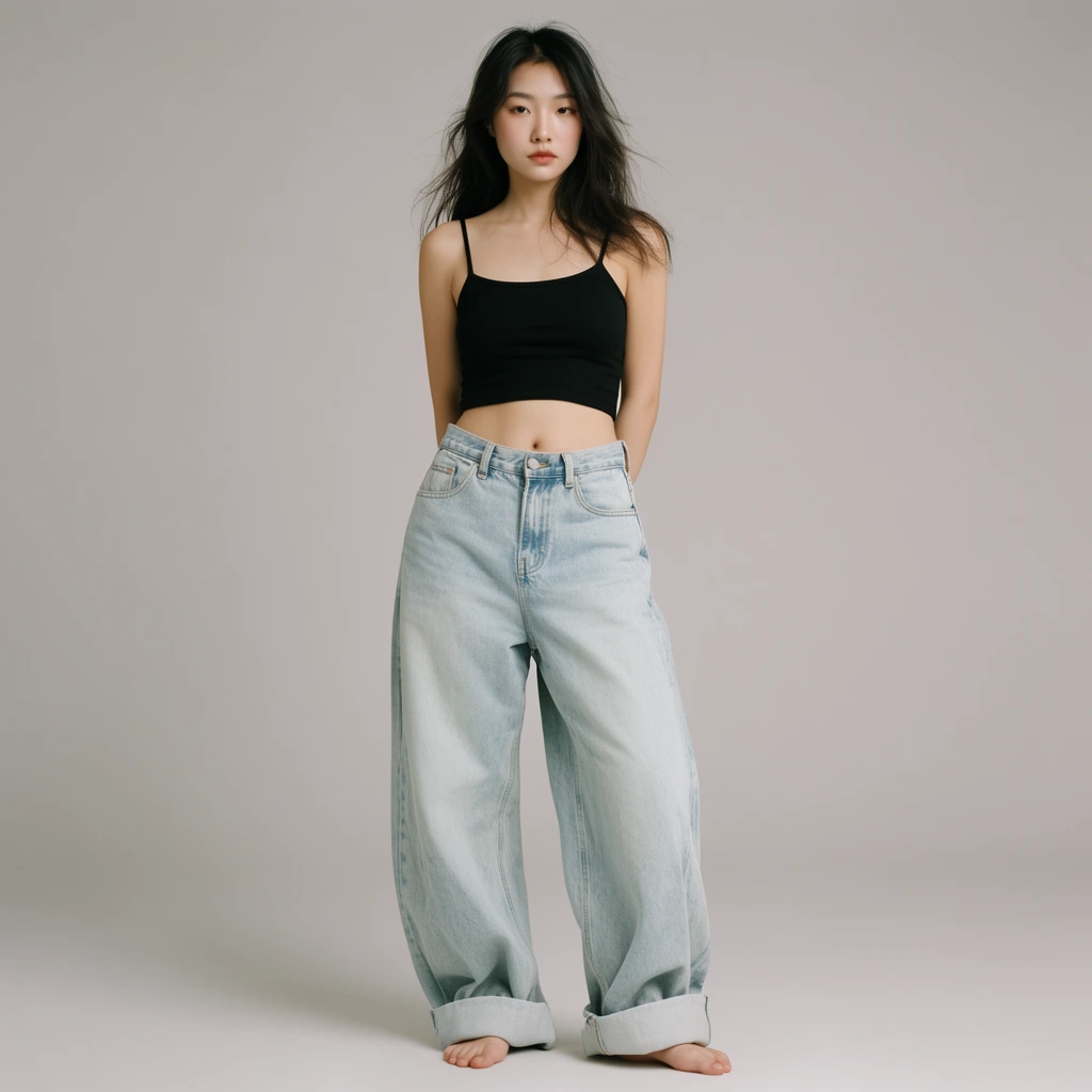 A young East Asian woman stands barefoot against a seamless soft grey studio backdrop. She wears a black spaghetti-strap crop top and oversized, light-wash baggy denim jeans with thick rolled cuffs. Her hands are held behind her back, and she gazes forward with a calm expression. Long, slightly tousled dark hair frames her face. Soft, diffused lighting evenly illuminates the full-body portrait, highlighting a clean, modern minimalist fashion aesthetic.