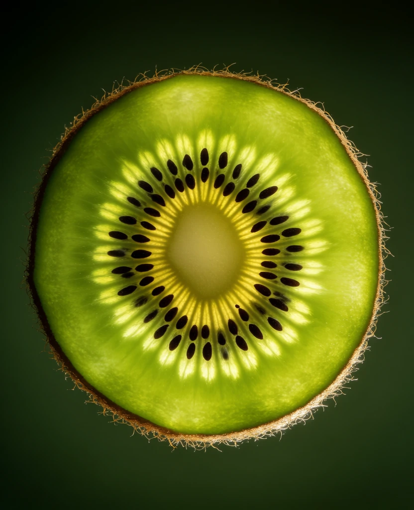 A backlit, vibrant cross-section of a kiwi fruit is centered against a dark, solid background, showcasing its intricate internal structure. The circular slice features translucent, bright lime-green flesh that radiates from a pale yellow-white, opaque core. Numerous small, teardrop-shaped black seeds are arranged in a ring around the core, nestled within the lighter green radial rays that extend toward the outer edge of the fruit. The perimeter of the slice is lined with a thin, fuzzy brown skin, where fine, hair-like trichomes are illuminated and clearly visible due to the strong light source from behind. This backlighting makes the green flesh appear to glow, creating a high-contrast composition that emphasizes the geometric patterns and textures within the fruit. The macro photography captures the kiwi from a direct, straight-on perspective, filling the frame and highlighting the saturated colors and detailed fibers of the slice.