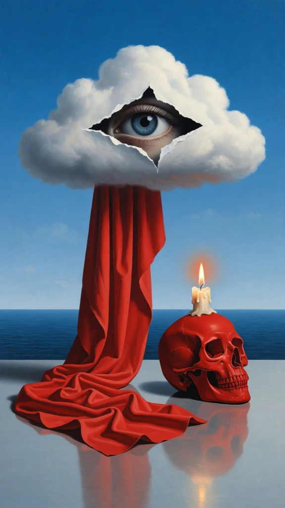 A surrealistic composition features a large white cloud with a central blue eye, connected by draped red fabric to a red skull topped with a lit candle, all set against a tranquil seascape. Floating in the upper center, a puffy white cloud has a jagged, torn-paper opening that reveals a single, detailed blue human eye with dark lashes and a visible iris. From the underside of this cloud, a long, heavy drape of vibrant red fabric hangs vertically, pooling in ripples and folds on a reflective, light gray floor. To the right of the fabric sits a solid red human skull, oriented toward the right side of the frame. A small, white wax candle is fixed into the top of the cranium, its bright orange flame casting a warm glow. The scene is set on a smooth, mirror-like surface that reflects the forms of the fabric, the skull, and the candlelight. In the background, a sharp horizontal line divides a dark blue sea from a clear, slightly lighter blue sky. The artistic style is a clean, digital surrealism reminiscent of Magritte, characterized by smooth textures, sharp edges, and a primary color palette of red, blue, and white. The lighting is soft and directional from the upper left, supplemented by the localized glow of the candle, creating subtle shadows and highlights throughout the arrangement.