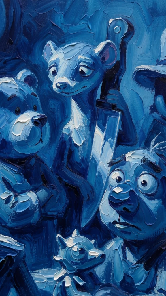 painterly monochromatic oil study in shades of cobalt and cerulean, thick impasto brushwork with heavy visible textures, a weasel character leaning pensively against a large vertical knife, dramatic chiaroscuro lighting, deep navy shadows and bright white highlights, energetic palette knife strokes, moody and somber atmosphere, close-up composition with figures merging into a textured blue background, expressive style, high contrast, layered pigment with visible canvas grain