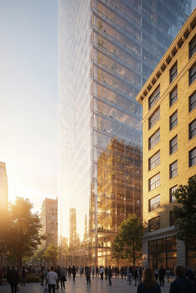 modern glass skyscraper reflecting golden sunlight, transparent double-skin facade, contrasting classic yellow brick building, busy pedestrian plaza, trees, warm lens flare, photorealistic architectural rendering