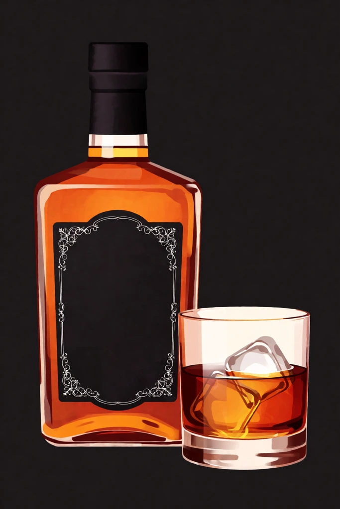 square glass bottle of amber liquid, solid black label with blank white filigree borders, opaque black neck sleeve, beside a short glass tumbler containing matching amber liquid and two ice cubes, smooth digital illustration, dark charcoal background, warm glowing amber tones, isolated composition, crisp graphic design aesthetic