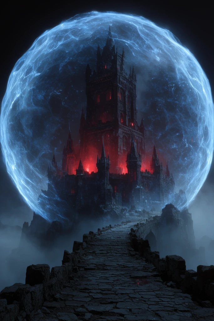 A towering dark fortress encased in a glowing blue spherical energy shield. A jagged stone bridge leads to the structure through low fog. Fiery red interior lights contrast sharply with the icy blue barrier against a pitch-black night sky.