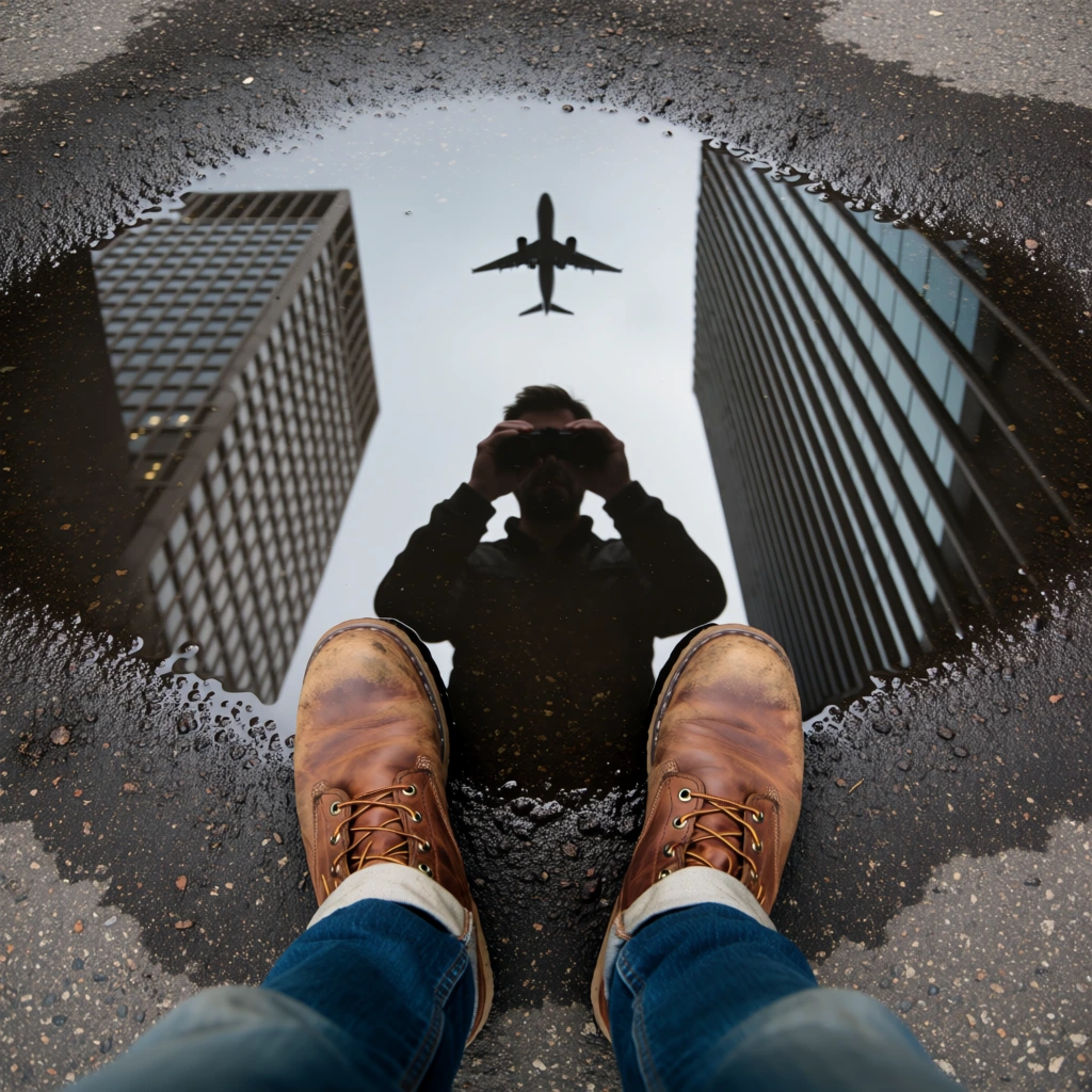 A top-down, first-person perspective captures a pair of brown leather boots standing on coarse, dark gray asphalt before a jagged puddle that reflects a person's silhouette, towering skyscrapers, and a passing airplane. In the bottom foreground, two well-worn, tan-brown leather work boots with visible laces and scuffs are positioned side-by-side, worn by a person in blue denim jeans that are cuffed at the ankles to reveal light-colored fabric underneath. Centered between and slightly ahead of the feet is a puddle of water with irregular, rough edges. The reflection within the puddle displays a dark, featureless silhouette of a person holding a camera or a pair of binoculars to their face. Flanking this central figure are the reflections of two modern office buildings; the structure on the left features a distinct grid pattern of windows, while the building on the right is composed of vertical glass and steel lines. In the clear space between these reflected buildings, a pale, overcast sky is visible, featuring a small, dark silhouette of a commercial airplane positioned directly above the person's head. The lighting is soft and diffused, characteristic of an overcast day, emphasizing the textures of the asphalt and the leather boots. The color palette is dominated by the earthy tones of the boots and pavement, contrasted by the cool blues and grays of the denim and the reflected urban landscape. The composition uses a high-angle shot to create a frame within a frame through the use of the puddle's reflection.