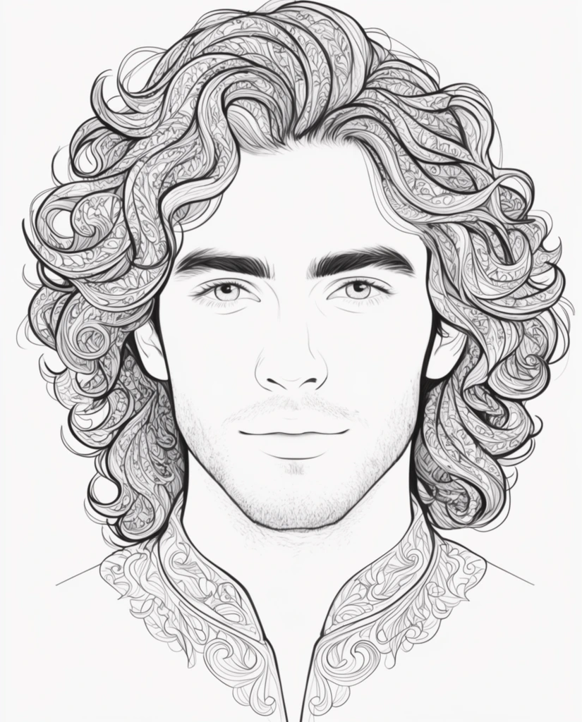 A black and white line art portrait of a young man featuring intricate patterns woven into his voluminous wavy hair. He faces forward with a calm expression, defined by thick groomed eyebrows, clear eyes, and subtle stubble along his jawline. His wildly curly hair incorporates dense, decorative organic linework within the individual locks. This ornamental detailing cascades down to form a stylized open collar around his neck. Rendered against a stark white background, the crisp black ink lines of varying weights evoke the highly detailed aesthetic of a sophisticated adult coloring book with a clean, centered, front-facing composition.