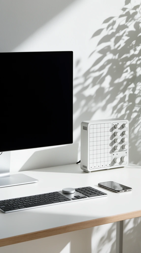 minimalist bright workspace, dark monitor on silver stand, sleek keyboard with dial, white modular device with grid and knobs, smartphone, white desk with wood edge, stark white wall, harsh sunlight, crisp cast shadows, dappled leafy plant shadow, high-contrast product photography